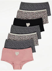 Animal Print Heart Shorts 7 Pack George UK , 7-8 Years