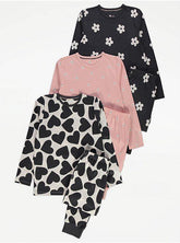 George Floral Heart Long Sleeve Pyjamas 3 Pack , 10-11 years