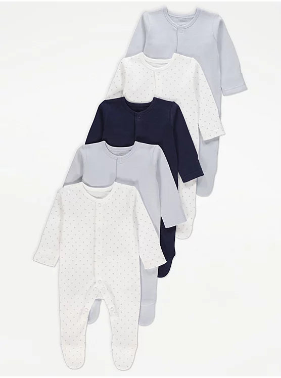Blue Star Print Long Sleeve Sleepsuits 5 Pack