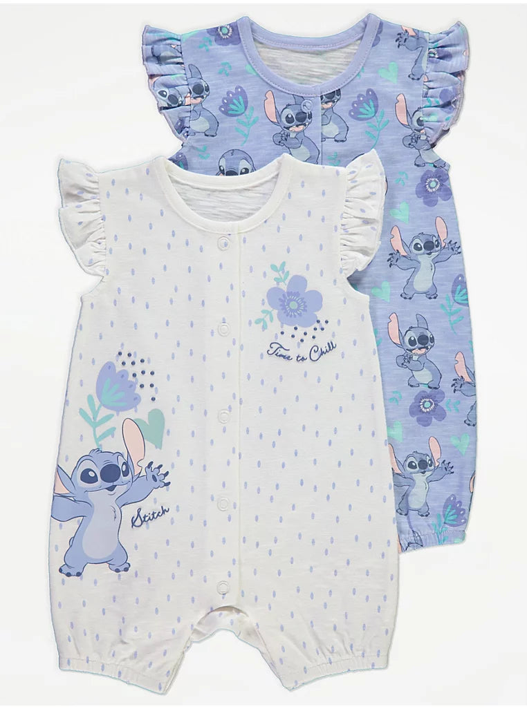 Disney Stitch Character Frill Trim Rompers 2 Pack