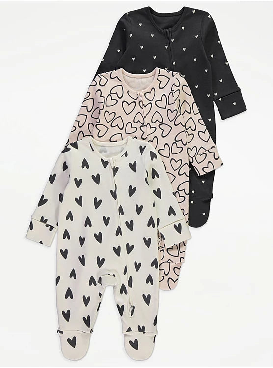 Love Heart Zip Fasten Sleepsuits 3 Pack
