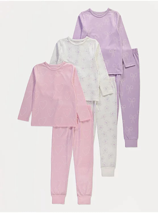 Pink Heart Flower Bow Long Sleeve Pyjamas 3 Pack