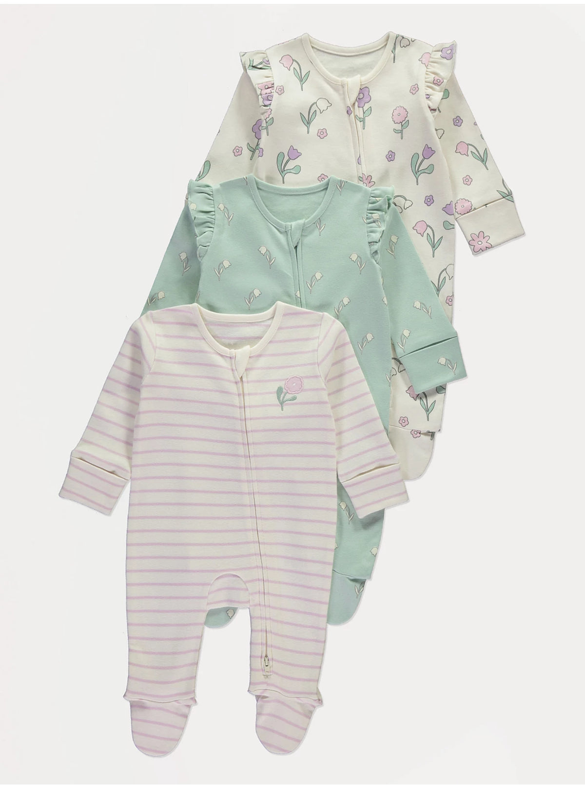 Flower Striped Zip Fasten Sleepsuits 3 Pack George UK