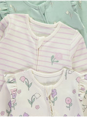 Flower Striped Zip Fasten Sleepsuits 3 Pack George UK