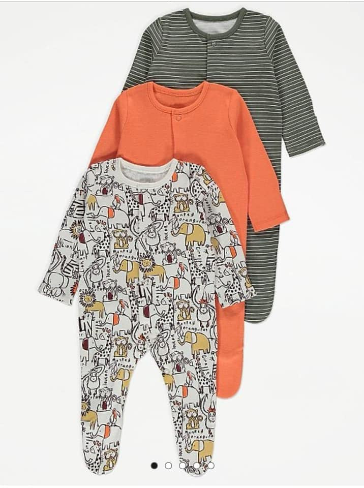 George Jungle Animals Print Sleepsuits Pack of 3