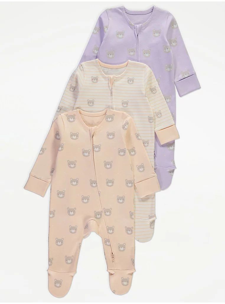Bears Pattern Long Sleeve Zip Fasten Sleepsuits 3 Pack