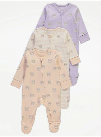 Bears Pattern Long Sleeve Zip Fasten Sleepsuits 3 Pack