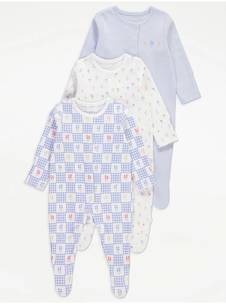Blue Gingham Floral Long Sleeve Sleepsuits 3 Pack George UK
