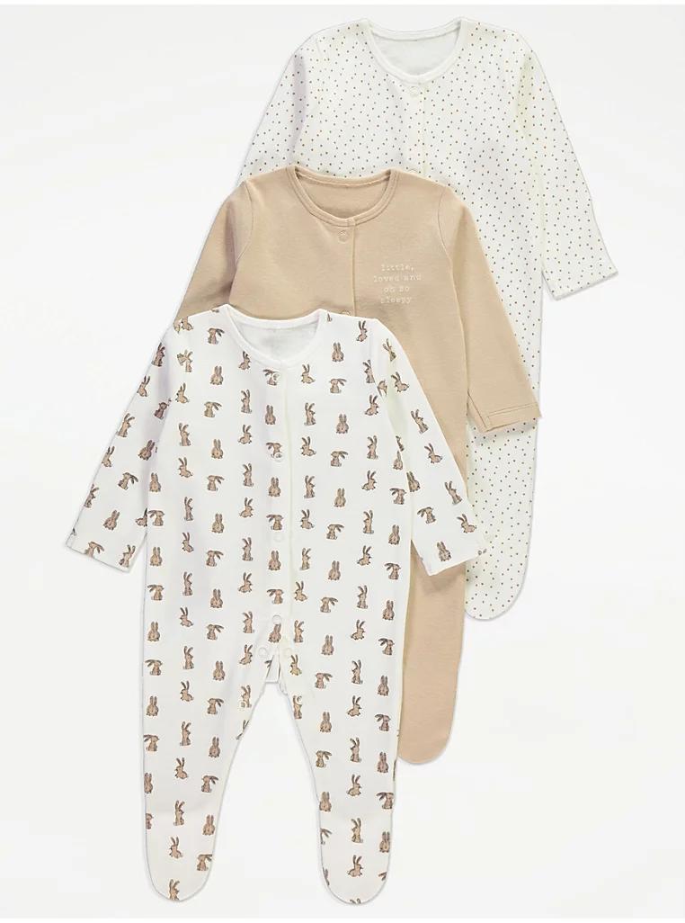 Neutral Bunny Spotty Sleepsuits 3 Pack