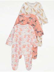 Peach Safari Animals Zip Fasten Sleepsuits 3 Pack George UK 0-3 months