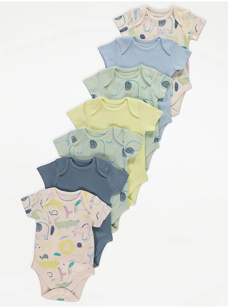 Safari Animal Sketch Short Sleeve Bodysuits 7 Pack - George Uk