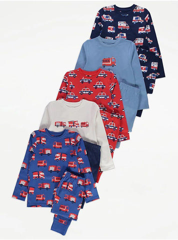 George Cars Transport Printed Shirt Pajama 5 Pack Set 5-6 Years
