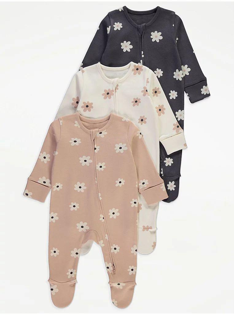 Floral Print Zip Fasten Sleepsuits 3 Pack George UK