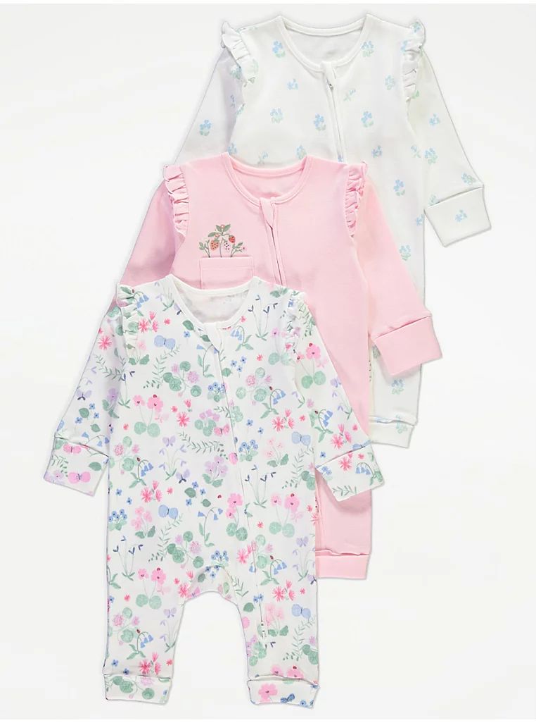 Multicolor Floral Zip Fasten Open Feet Sleepsuits 3 Pack George UK