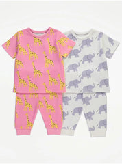 Giraffe and Elephant Short Sleeve Pyjamas 2 Pairs Set George UK