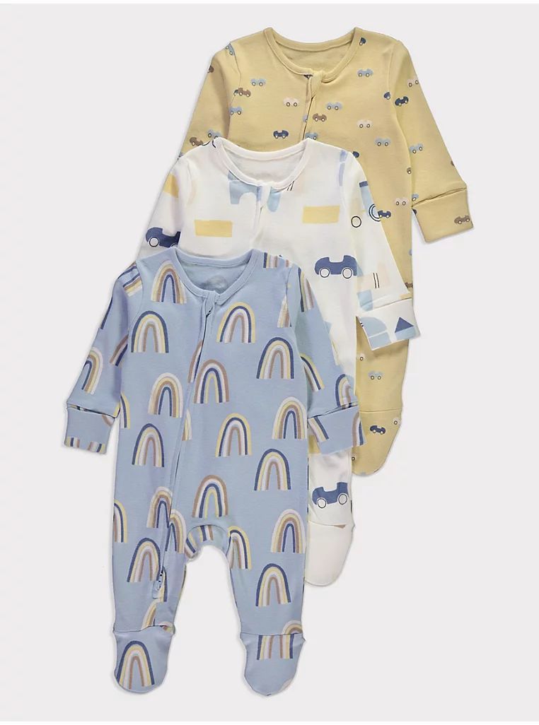 3 Pack Rainbow Print Sleepsuits George UK
