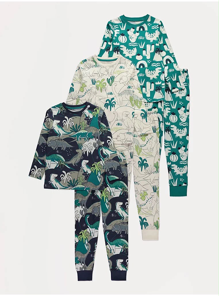 Green Dinosaur Long Sleeve Pyjamas 3 Pack