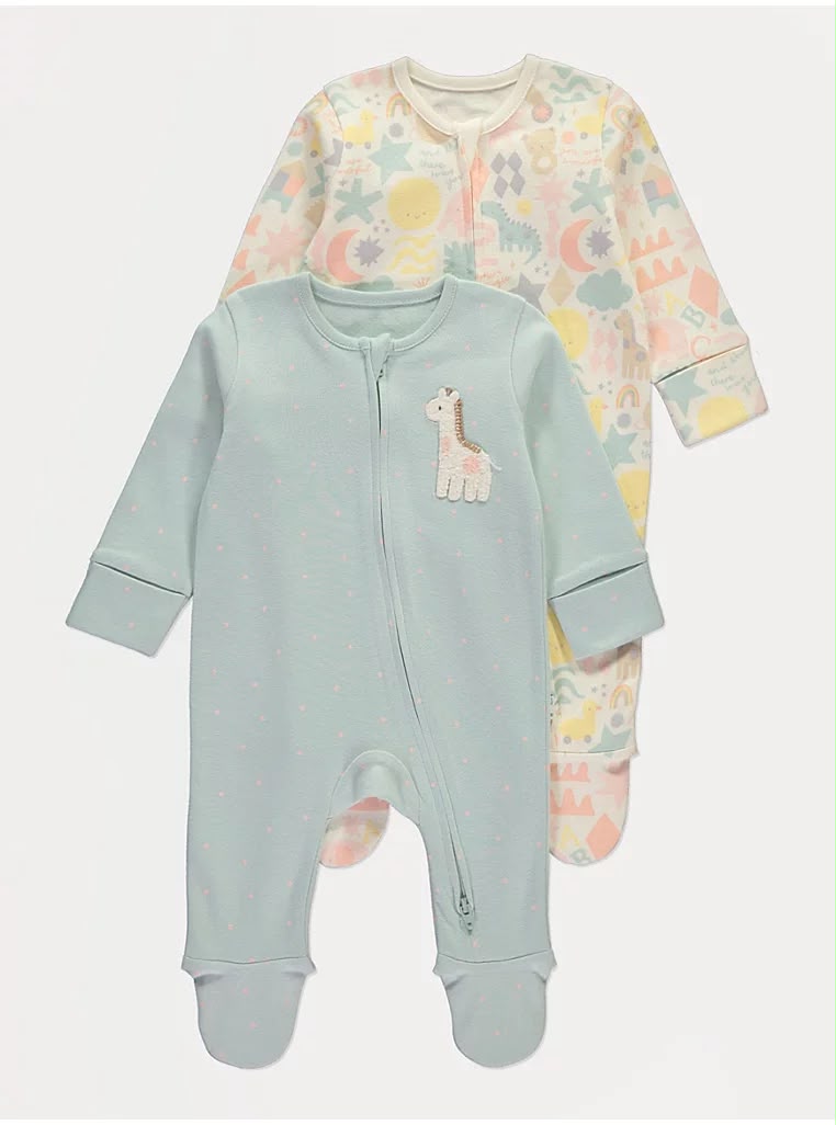 Printed Giraffe Zip Fasten Sleepsuits 2 Pack George UK