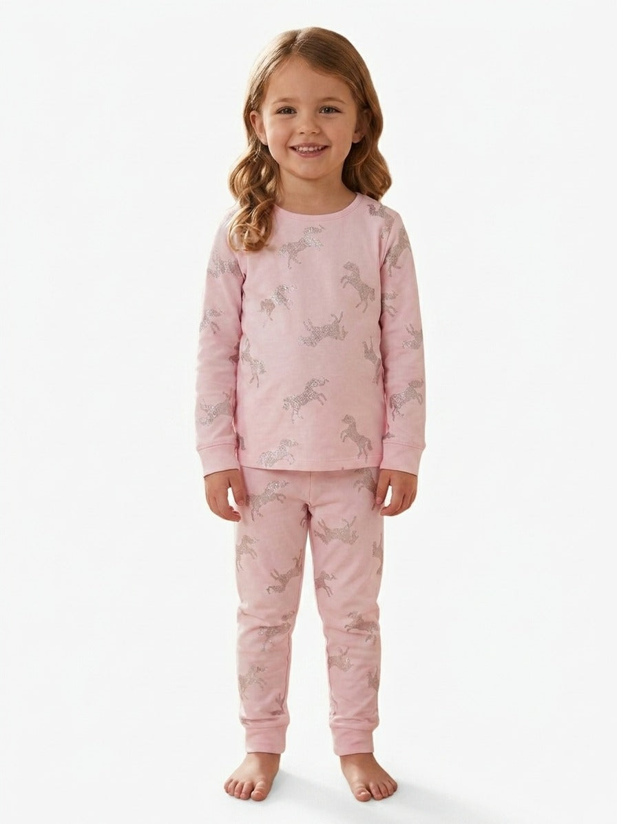 Girls' Pink Glitter Horse Print Pyjama Set