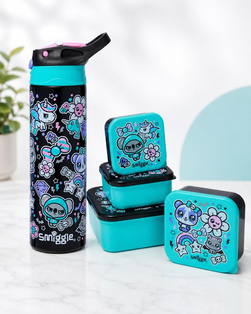 Smiggle Printed Drink Bottle and Nesting Snack Container Set