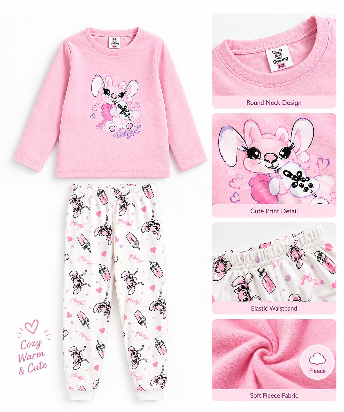 Girls Stich Printed Fleece Nightwear Set