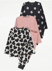 George Floral Heart Long Sleeve Pyjamas 3 Pack , 10-11 years