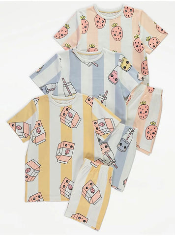 George UK Striped Strawberry Milk Short Sleeve Pyjamas 3 Pack